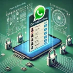 Darstellung des WhatsApp eigenes Adressbuchs, bei dem ein Smartphone eine separate Kontaktliste innerhalb von WhatsApp zeigt, umgeben von Symbolen für Datenschutz wie Schlösser und Schilde, in einem modernen, techzentrierten Design mit Grüntönen und abstrakten Schaltkreis-Mustern im Hintergrund.