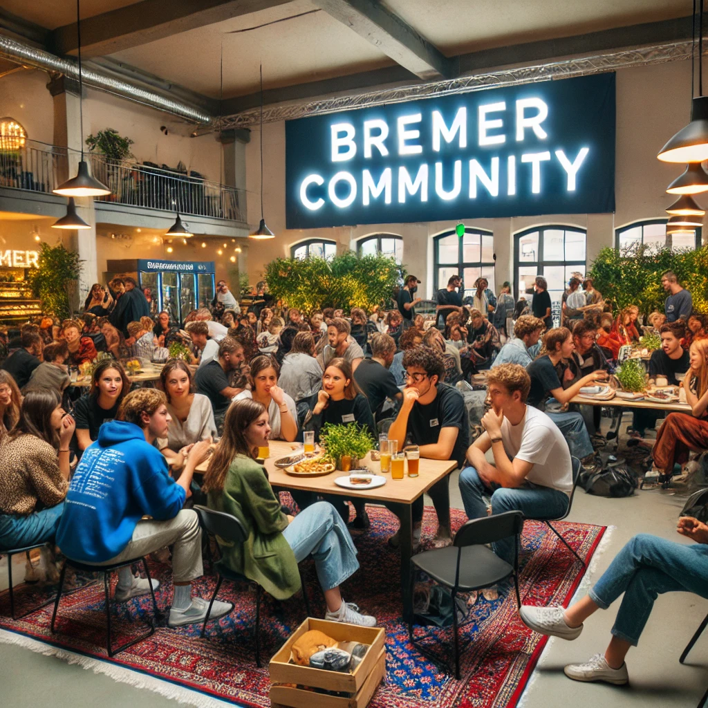 Junge Erwachsene zwischen 18 und 30 Jahren bei einem weiteren Bremer Community Treffen, mit einem Banner im Hintergrund, auf dem 'Bremer Community' steht, in einer modernen und einladenden Umgebung.